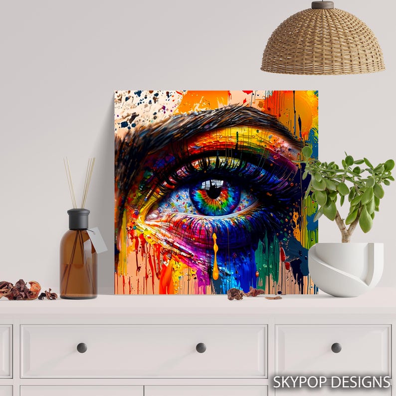 May include: A vibrant, abstract art print featuring a close-up of a human eye. The eye is rendered in a kaleidoscope of colors, with bold strokes of red, yellow, blue, and green. The artwork is signed "SKYPOP DESIGNS".