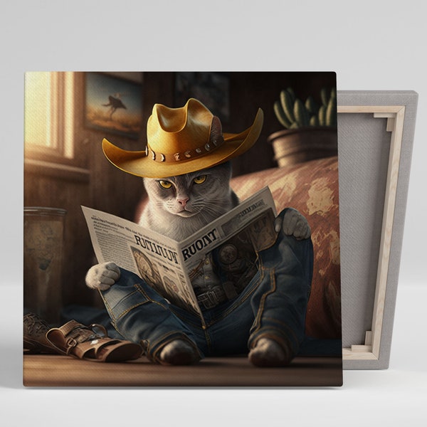 Cat With Cowboy Hat Art, Canvas Or Poster, Wall Decor, Home Decor, Pet Art, Funny Art, Animal Art, Cat Lover Gift