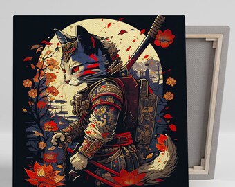 Arte de guerrero gato samurái, lienzo o póster, decoración surrealista contemporánea, arte para sala de estar, oficina, sala de juegos, dormitorio, rojo, negro, dorado y blanco