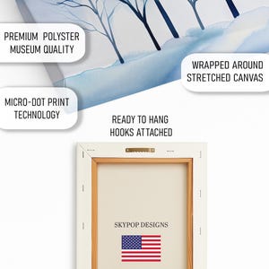 May include: A canvas art print featuring a winter landscape with blue and white watercolor trees. The back of the canvas is visible, showing a wooden frame, hooks, and the text "SKYPOP DESIGNS" with an American flag. The print is wrapped around a stretched canvas.