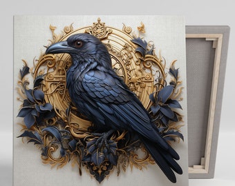 Raven Bird Wall Art, Canvas Or Poster, Raven Wall Decor, Bird Wall Hanging, Crow Decor, Whimsical Raven Decor, Black Bird Art