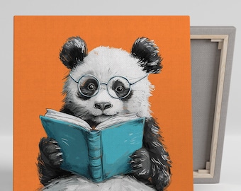 May include: A black and white panda wearing blue-rimmed glasses sits on an orange background and reads a blue book.