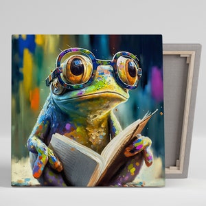 Helle und bunte Frosch Wandkunst, Leinwand oder Poster, Kinderzimmer Dekor, individuelle Wanddekoration, Leinwand Wandkunst, Regenbogen Frosch mit Brille.