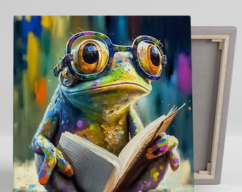 Bright and Colorful Frog Wall Art, Canvas Or Poster, Nursery Decor, Custom Wall Decor, Canvas Wall Art, Rainbow Frog With Glasses.