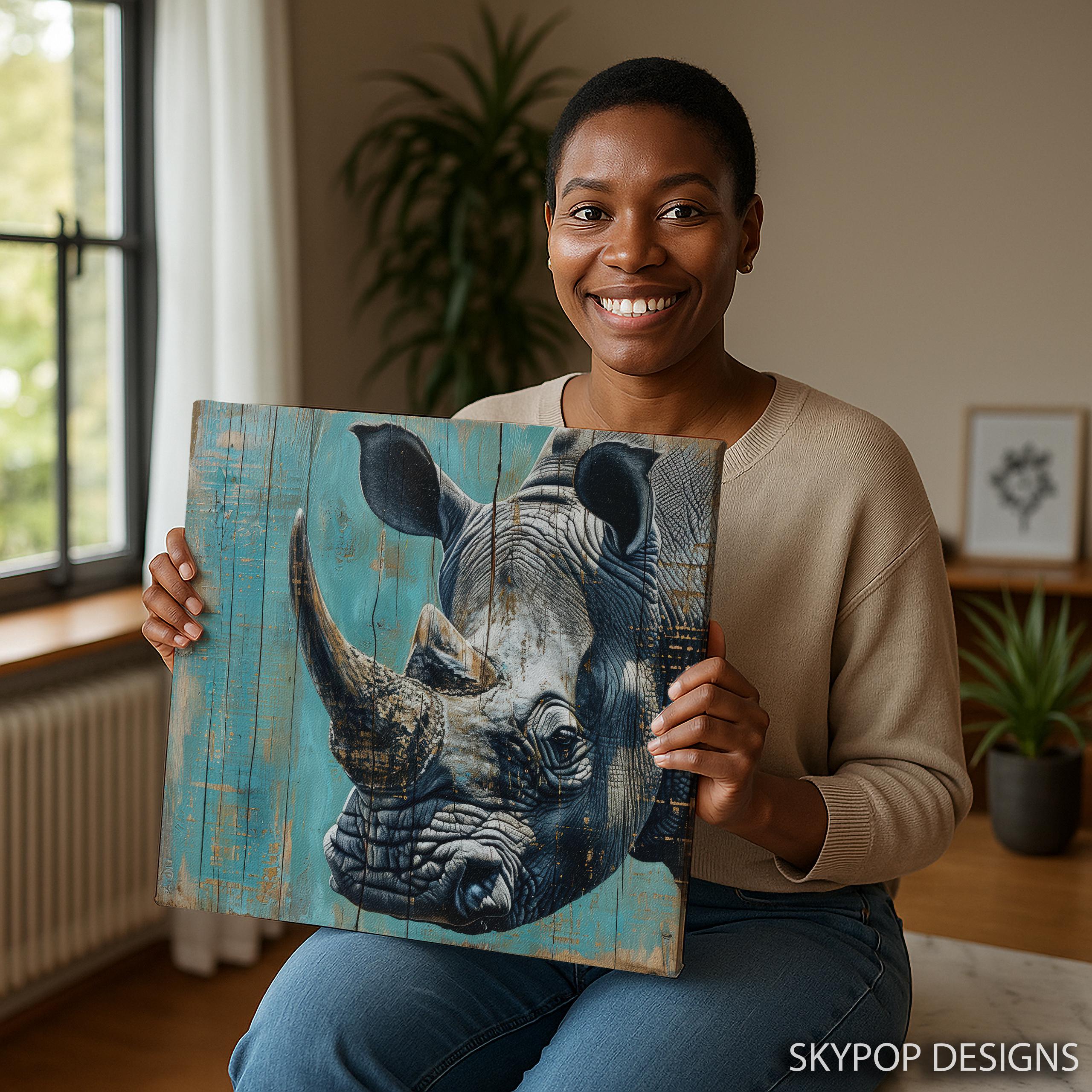 『Rhinocerous & Softcream』　アクリル画　ウッドパネル Rhino Art, Canvas or Poster, Graffiti Urban Rustic Decor, Living