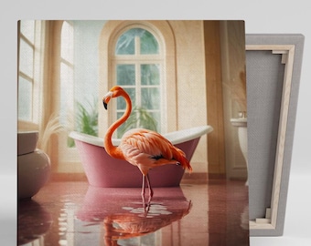 Bathtub Flamingo Elegance Art, Canvas or Poster, Contemporary Whimsical Decor, Bathroom Living Room Office Wall Art, Orange Pink Beige White