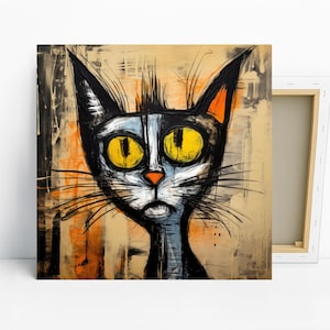 Cat Art, Canvas or Poster, Abstract Graffiti Decor, Living Room Bedroom Office Wall Art, Black Orange Yellow and Beige