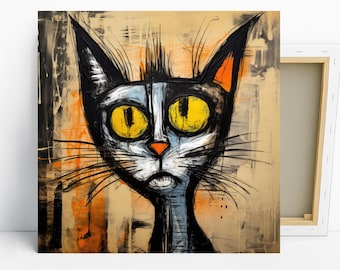 Cat Art, Canvas or Poster, Abstract Graffiti Decor, Living Room Bedroom Office Wall Art, Black Orange Yellow and Beige