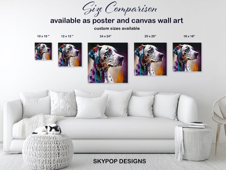 Dalmatiner Hund Kunst, Leinwand oder Poster, zeitgenössische Boho Glam Dekor, Wohnzimmer Büro Schlafzimmer Eingangsbereich Kunst, mehrfarbig schwarz weiß lila Bild 8