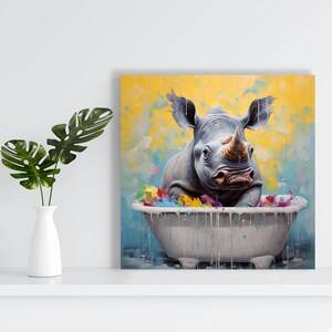 May include: A painting of a rhinoceros taking a bath in a white bathtub filled with colorful flowers. The background is a yellow and blue abstract design.