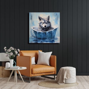May include: A painting of a wolf sitting in a blue bathtub, with water dripping from the sides. The wolf is looking directly at the viewer. The background is a light blue.