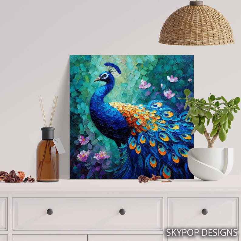 Peacock Art, Canvas or Poster, Bohemian Modern Decor, Living Room Bedroom Dining Room Entryway Wall Art, Blue Teal Gold, Bird Wall Art image 5