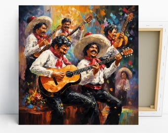 Mariachi Band Art, Canvas or Poster, Figurative Music Traditional Decor, Living Room Dining Room Entryway Wall Art,Multicolor Brown Gold Red