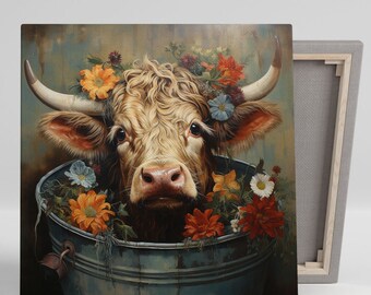Floral Cow In Tub, Canva Or Poster, Abstract Cow Art, Animal Decor, Floral Cow Art, Bathtub Wall Decor, Bathroom Wall Art, Nursery Wall Art