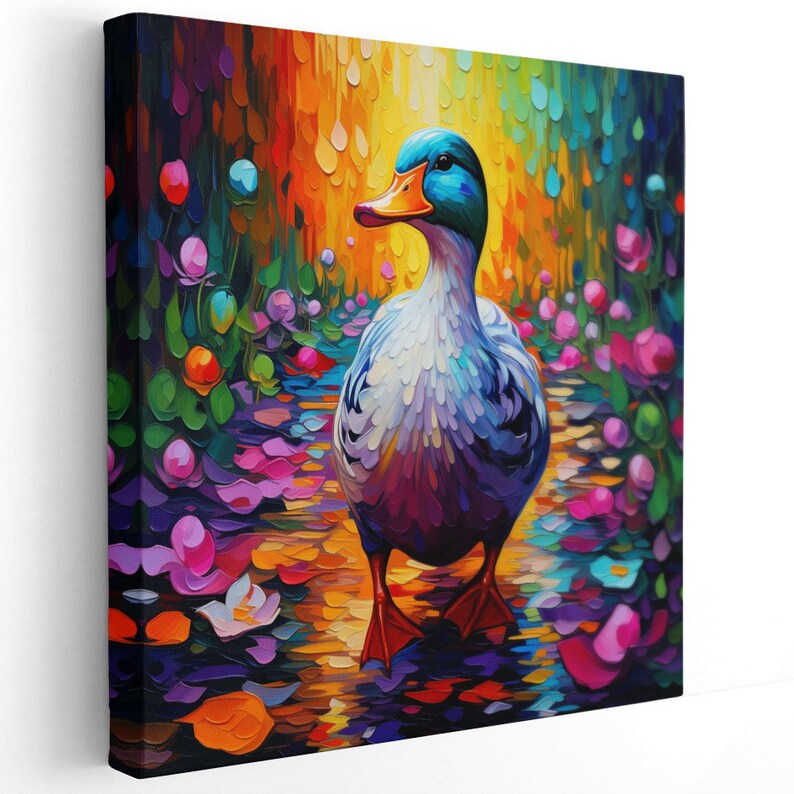 May include: A colorful painting of a duck walking through a field of flowers. The duck is blue, green, and white, and the flowers are pink, purple, and yellow. The background is a blur of colors, creating a dreamy atmosphere.