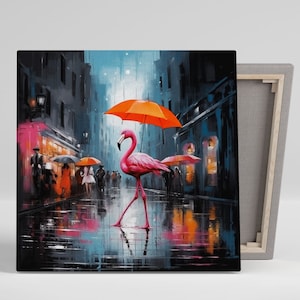 Flamingo In Rain Wall Art, Canvas Or Poster, Tropical Decor, Exotic Bird, Pink Flamingo Art, Flamingo Wall Hanging, Wall Decor, Wall Hanging