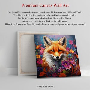 Puede incluir: Una impresi&oacute;n en lienzo enmarcada que presenta una pintura de un zorro rojo rodeado de flores coloridas. El marco tiene 3,8 cm de grosor y agrega durabilidad a la obra de arte.