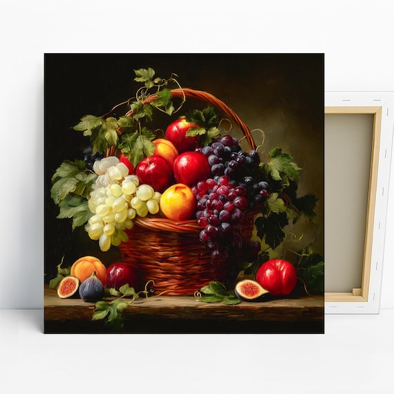 Abundant Harvest Still Life Art, Canvas or Poster, Farmhouse Rustic Decor, Dining Room Kitchen Living Room Art, Multicolor Brown Green Red