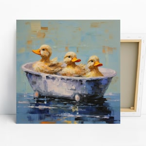 Ducklings Art, Poster or Canvas, Whimsical Bohemian Modern Decor, Bathroom Nursery Living Room Wall Art, Blue Multicolor Yellow White Print