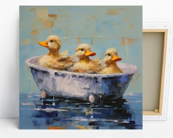 Ducklings Art, Poster or Canvas, Whimsical Bohemian Modern Decor, Bathroom Nursery Living Room Wall Art, Blue Multicolor Yellow White Print