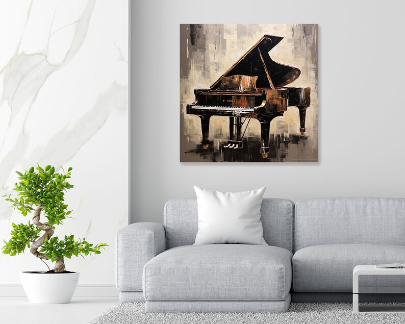 Op de afbeelding: Een zwarte vleugelpiano met een bruin houten frame en ivoren toetsen is geschilderd op een canvas met een textuur achtergrond. De piano staat tegen een lichtgrijze muur.