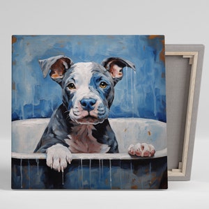 Pit Bull In Bathtub, Canvas Or Poster, Animal Decor, Bathroom Wall Print, Bathroom Wall Art, Dog Wall Art, Dog Wall Decor