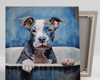 Pit Bull In Bathtub, Canvas Or Poster, Animal Decor, Bathroom Wall Print, Bathroom Wall Art, Dog Wall Art, Dog Wall Decor