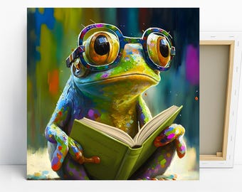 Frog Art, Poster or Canvas, Whimsical Pop Art Decor, Living Room Childrens Room Office Wall Art, Multicolor Green Blue Yellow