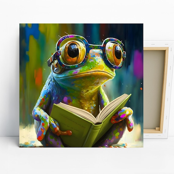 Frog Art, Poster or Canvas, Whimsical Pop Art Decor, Living Room Childrens Room Office Wall Art, Multicolor Green Blue Yellow