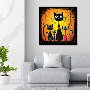 May include: A digital painting of four black cats with colorful accents on a yellow and orange background. The cats are all looking at the viewer. The largest cat is in the center and the other three are smaller and to the left and right of the center cat.