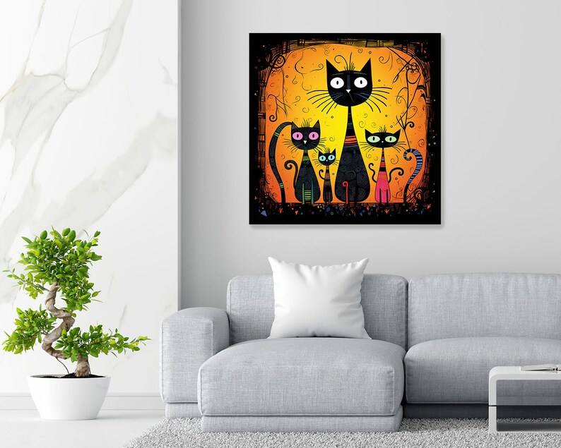 May include: A digital painting of four black cats with colorful accents on a yellow and orange background. The cats are all looking at the viewer. The largest cat is in the center and the other three are smaller and to the left and right of the center cat.