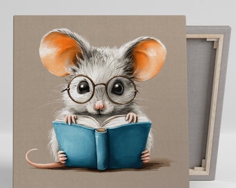May include: Canvas art print featuring a cute mouse wearing glasses and reading a blue book. The mouse has large orange ears and a long pink tail. The artwork is set against a neutral background.