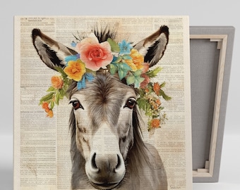 Floral Crowned Donkey Art, Canvas or Poster, Animal Farmhouse Decor, Living Room Bedroom Office Entryway Wall Art, Grey Pink Green Orange