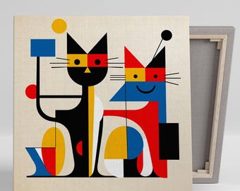 以下が含まれることがあります： 赤、黄、青、黒の色を使った2匹の猫の抽象的な幾何学的なイラスト。猫は幾何学的な形を使ってスタイリッシュに描かれており、遊び心があり、モダンなデザインになっています。