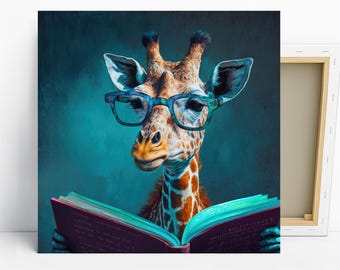 Giraffe Art, Canvas or Poster, Whimsical Contemporary Decor, Living Room Office Bedroom Library Wall Art, Teal Orange Brown Blue