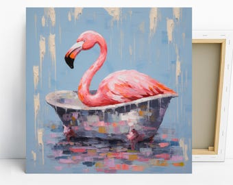 Flamingo Art, Canvas or Poster, Bohemian Coastal Decor, Living Room Bedroom Sunroom Wall Art, Blue Pink White Multicolor
