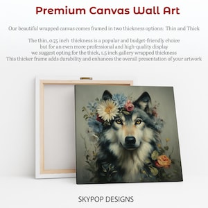 Wolf Floral Crown Art, Canvas or Poster, Rustic Farmhouse Decor, Living Room Bedroom Entryway Children Room Art,Multicolor Green Yellow Grey image 7