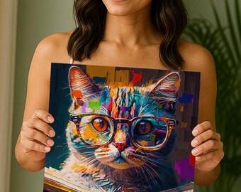Colorful Cat Reading Art, Canvas or Poster, Pop Art Bohemian Decor
