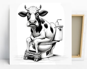 Highland Cow Art, Canvas or Poster, Whimsical Humor Decor, Living Room Bathroom Wall Art, Black and White, Bohemian Modern Home Decor