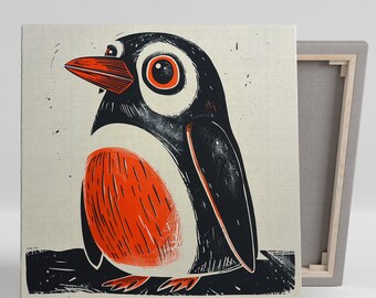 Penguin Wall Art, Canvas or Poster, Whimsical Contemporary Decor, Living Room Nursery Office Wall Art, Black White Orange Red Animal Print