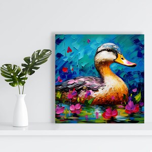 May include: A colourful painting of a duck swimming in a pond with pink flowers. The duck is brown and white with a yellow beak. The background is a blue and green abstract design.