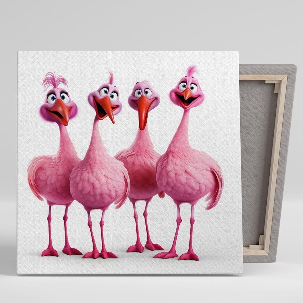 Quirky Flamingo Squad Art, Canvas or Poster, Whimsical Animal Decor, Children Room Nursery Living Room Office Wall Art, Pink Red Blue White