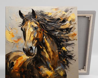 Horse Art, Canvas or Poster, Animal Contemporary Rustic Decor, Living Room Bedroom Office Wall Art, Black Gold Orange White Dynamic Print