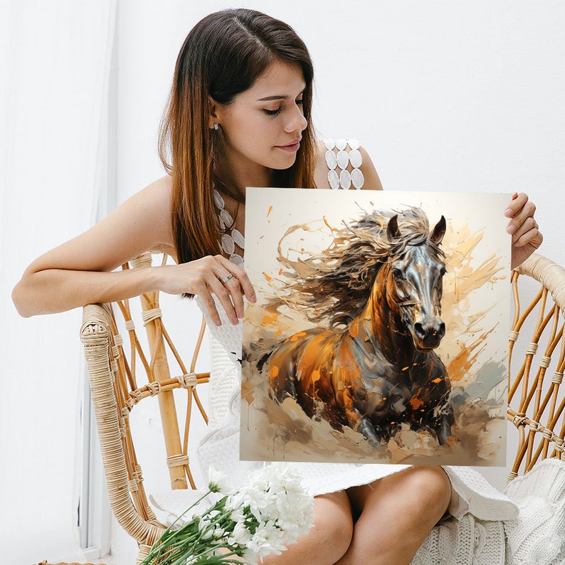 May include: A painting of a brown horse with a flowing mane running through a field of golden brown grass. The horse is painted in a realistic style with splashes of paint on the background.