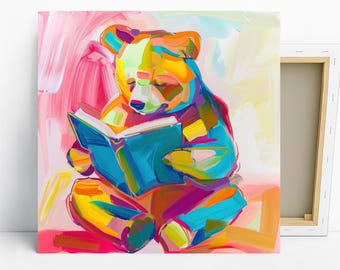 Bear Reading Art, Canvas or Poster, Abstract Contemporary Animal Decor, Living Room Bedroom Office Children Room Multicolor Pink Yellow Blu