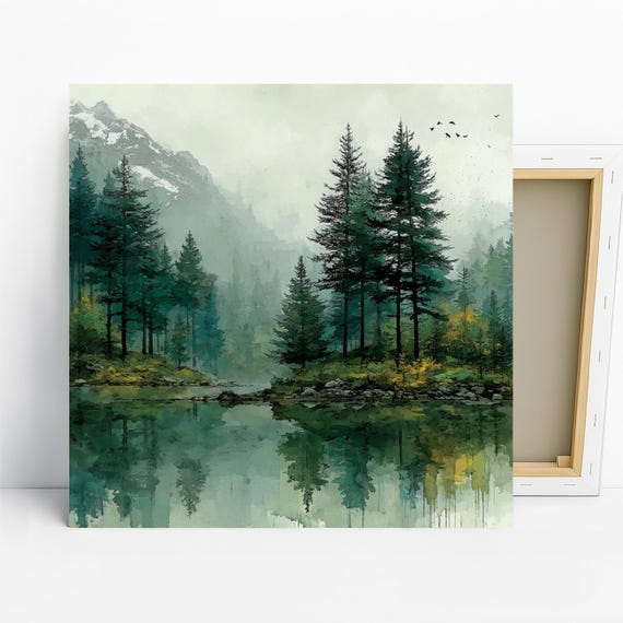 Pine Forest Lake Art, Poster or Canvas, Nature Rustic Scandinavian Decor, Living Room Bedroom Office Wall Art, Green Grey Teal Multicolor
