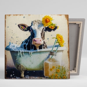 Cow With Sunflower Bathtub, Canvas Or Poster, Cow In Bathtub Wall decor, Cow With Sunflower ,Home Decor, Wall Decor , Wall Art