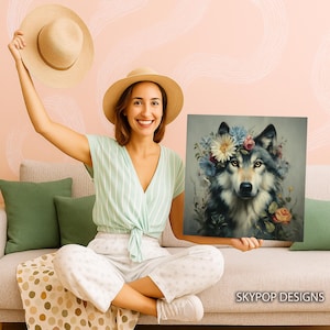 Wolf Floral Crown Art, Canvas or Poster, Rustic Farmhouse Decor, Living Room Bedroom Entryway Children Room Art,Multicolor Green Yellow Grey image 4