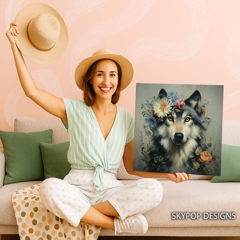Wolf Floral Crown Art, Canvas or Poster, Rustic Farmhouse Decor, Living Room Bedroom Entryway Children Room Art,Multicolor Green Yellow Grey image 4