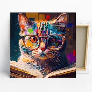Art de lecture chat coloré, toile ou affiche, décoration bohème pop art, art mural salon chambre bureau, multicolore bleu jaune orange